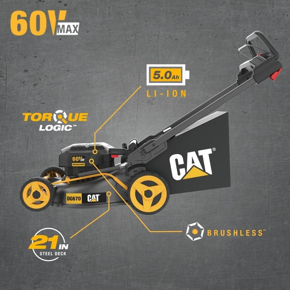 Cat DG670 60V 21' Cordless 3-In-1 Cutting Modes, Brushless Push Lawn Mower with TorqLogic - Battery & Charger Included