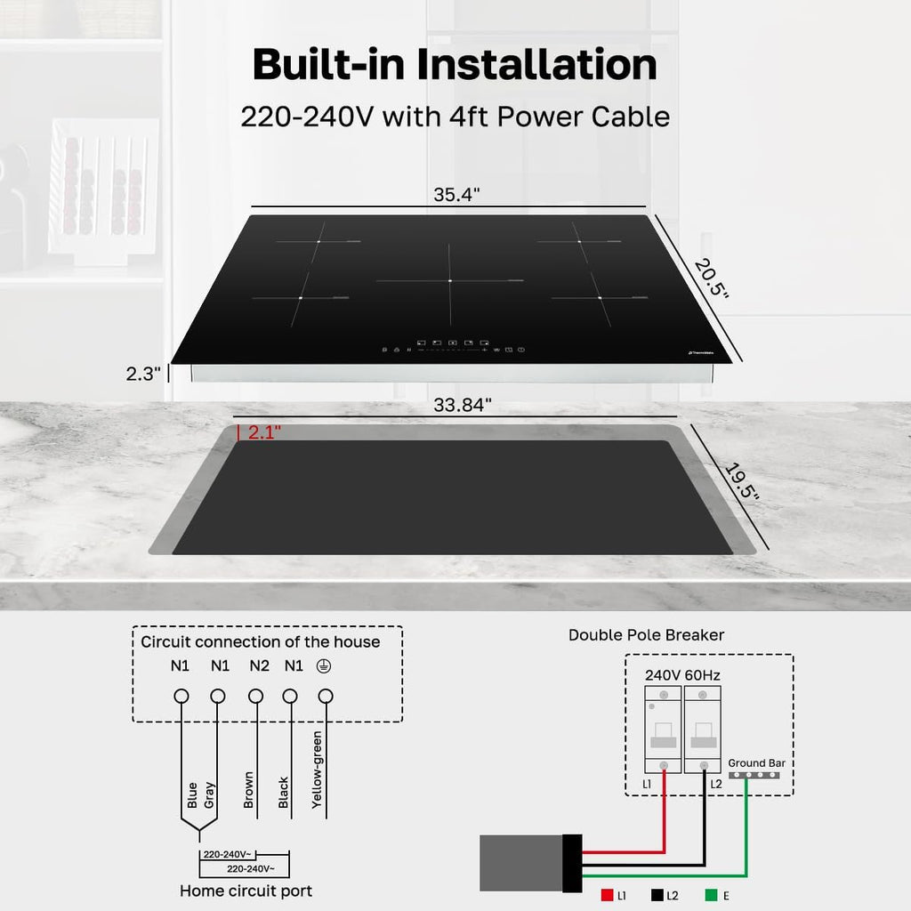 ThermoMate 36 Inch Induction Hob Electric Cooktop, 9800W Built in Induction Stove Top with 5 Boost Burners, 9 Heating Levels, Timer & Child Safety Lock, Sensor Touch Control, 240V
