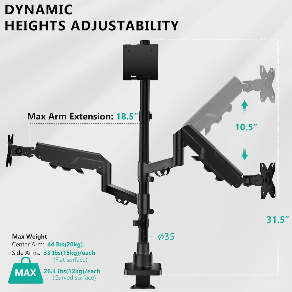 WALI Triple Monitor Mount - Extra Tall 3 Monitor Desk Mount for 13-49 Inch Ultrawide Screens, Up to 44 lbs, Fully Adjustable Heavy Duty Monitor Arm, VESA 75/100 mm (GSDM003-P), Black