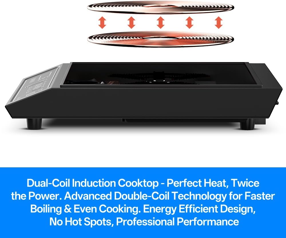 BOOROS Portable Induction Cooktop 1800W Induction Hot Plates for Countertop,8.66-Inch Dual Heating Coils,10 Temperature Levels 175-520°F (80-270°C),24-Hour Timer,Key Touch,Easy to Clean,Black,110V