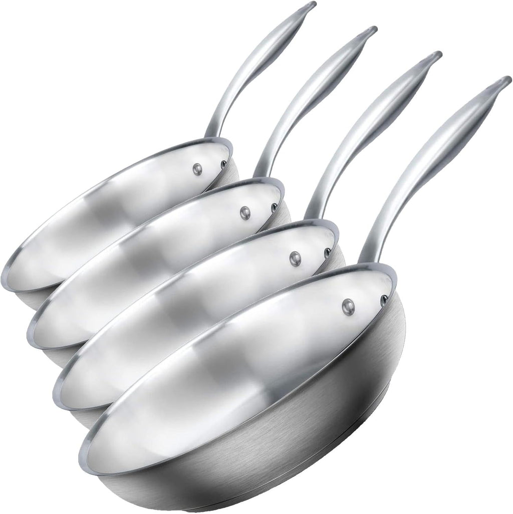 duxtop Tri-ply Stainless Steel Frying Pan with Stay-Cool Handle, Professional 8 inch Fry Pan with Induction Magnetic Bottom, Healthy Small Skillet, Dishwasher and Oven Safe | (Pack of 4)