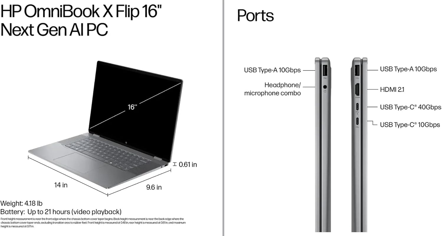 HP OmniBook X Flip 16' 2-in-1 Laptop - Copilot+ AI PC, AMD Ryzen AI 7 350, 24GB RAM, 1TB SSD, WUXGA Touchscreen (400 nits), Up to 21Hours, Win11,WiFi 6E, BT 5.3, Envy X360 W/Mouse