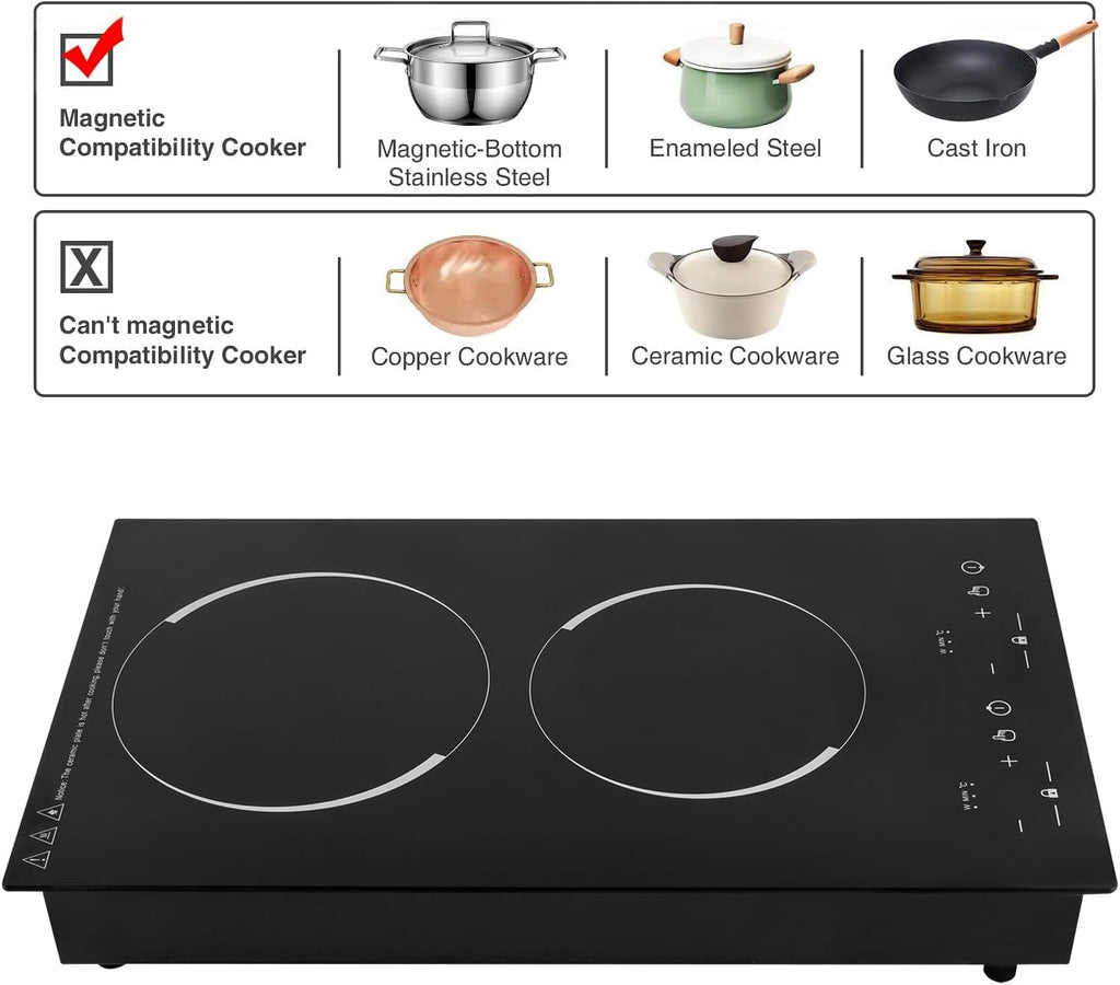 Electric Cooktop 2 Burner, Portable Induction Cooker with Burner Independent Control, Ultrathin Body,9 gears Temperature, 1200W+1100W-Multiple Power Levels, 110V-120V (Suitable for Pot 10.24in)