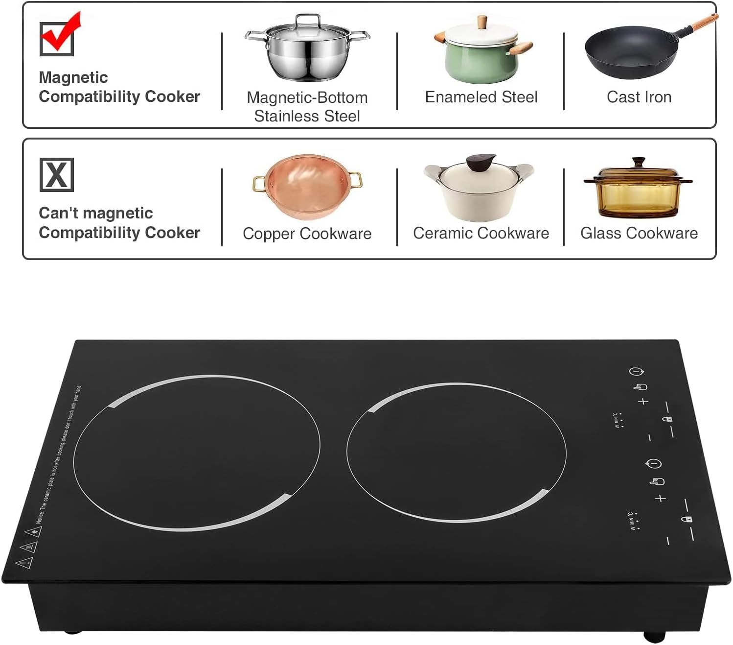 Electric Cooktop 2 Burner, Portable Induction Cooker with Burner Independent Control, Ultrathin Body,9 gears Temperature, 1200W+1100W-Multiple Power Levels, 110V-120V (Suitable for Pot 10.24in)
