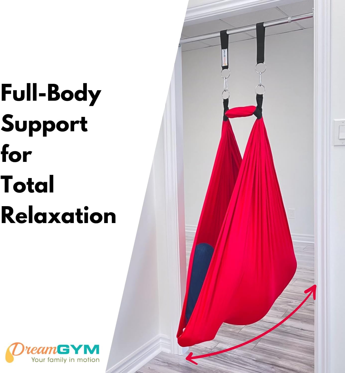 DreamGYM Doorway Sensory Swing - Supports 220lbs, Steel Bar Secured by Brackets - 95% Cotton Compression Swing for Self-Regulation (Red)