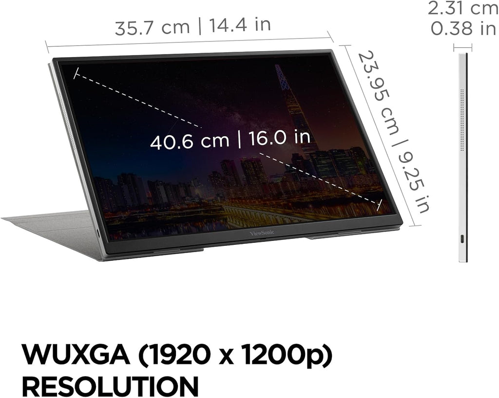 ViewSonic VG1656N 16 Inch 1200p Wireless Portable Monitor, IPS for Improved Workflows and Second Screen Productivity, Built-in Stand and Battery, 60W USB-C, and WiFi Dongle Inputs