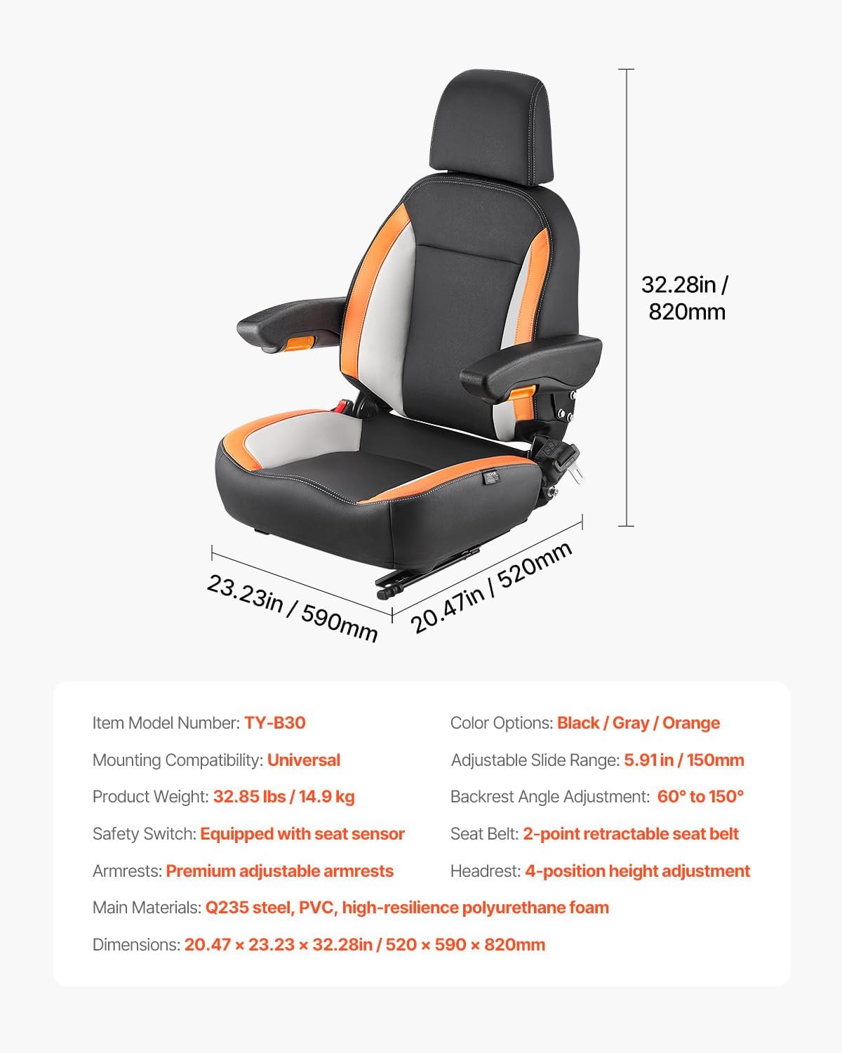 VEVOR Universal Forklift Seat, Tractor Seat with Adjustable Back, Armrest, Headrest & Safety Belt, Secure Tractor Seat with Micro Switch, Ergonomic Lawnmower Seat for Skid Loader Bulldozer