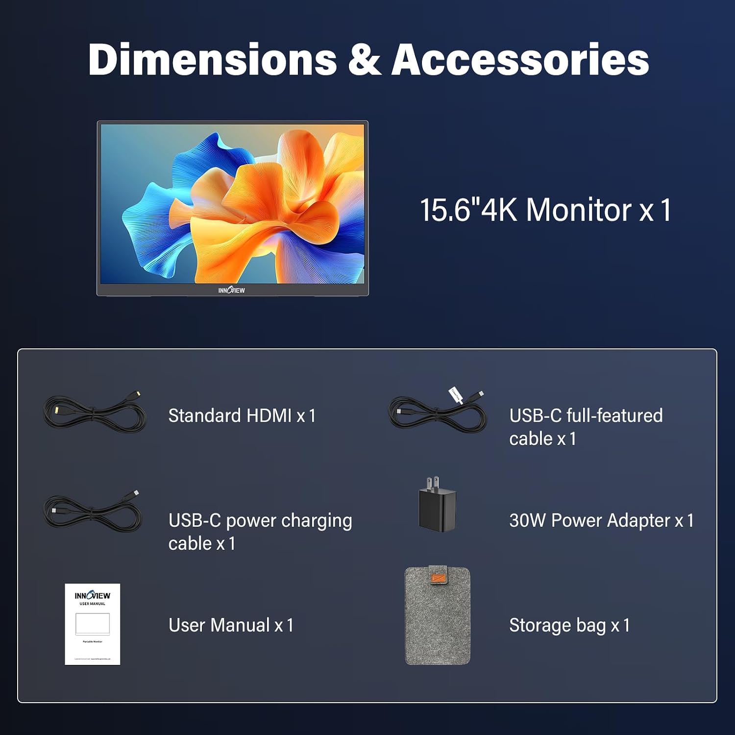 InnoView 15.6' Portable Monitor 60Hz 4K UHD 3840x2160 | 100% sRGB HDR | Travel Monitor with 2 USB-C & HDMI Ports | Second Screen for Laptop Mac PC Xbox PS5 Switch (Includes Adapter)