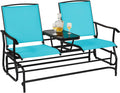 Giantex Patio Bench Glider Chair with Metal Frame, Center Tempered Glass Table, Outside Double Rocking Swing Loveseat for Porch, Garden, Poolside, Balcony, Lawn Rocker Outdoor Glider Bench(Turquoise)