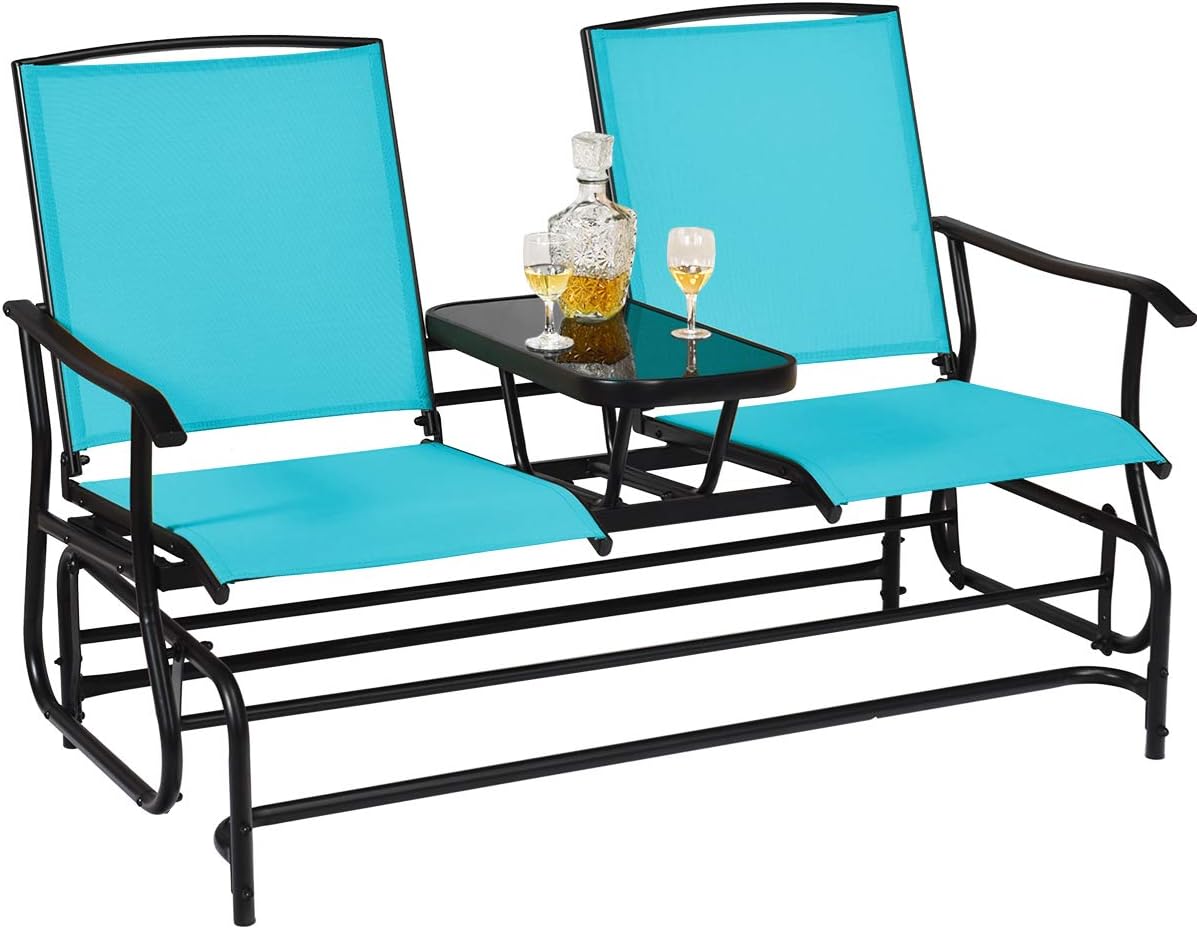 Giantex Patio Bench Glider Chair with Metal Frame, Center Tempered Glass Table, Outside Double Rocking Swing Loveseat for Porch, Garden, Poolside, Balcony, Lawn Rocker Outdoor Glider Bench(Turquoise)
