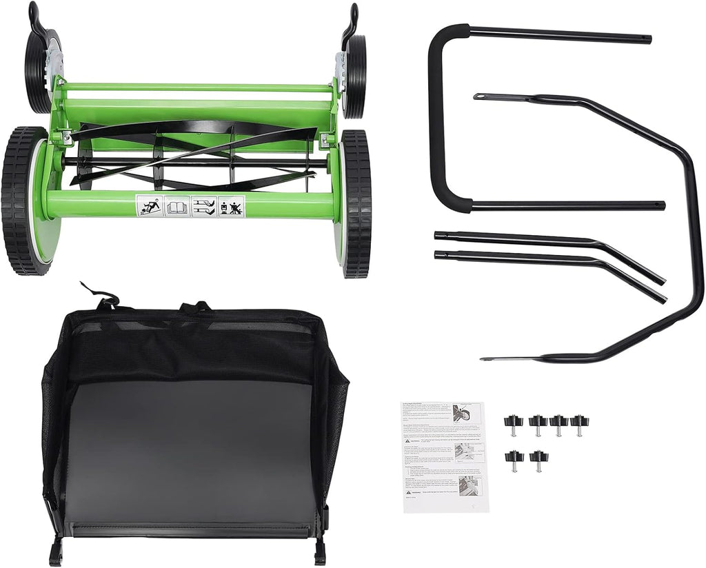 16-Inch 5-Blade Cordless Manual Reel Lawn Mower, Adjustable Cutting Height Manual Reel Mower with Removable Grass Collection Basket, 4 Wheels