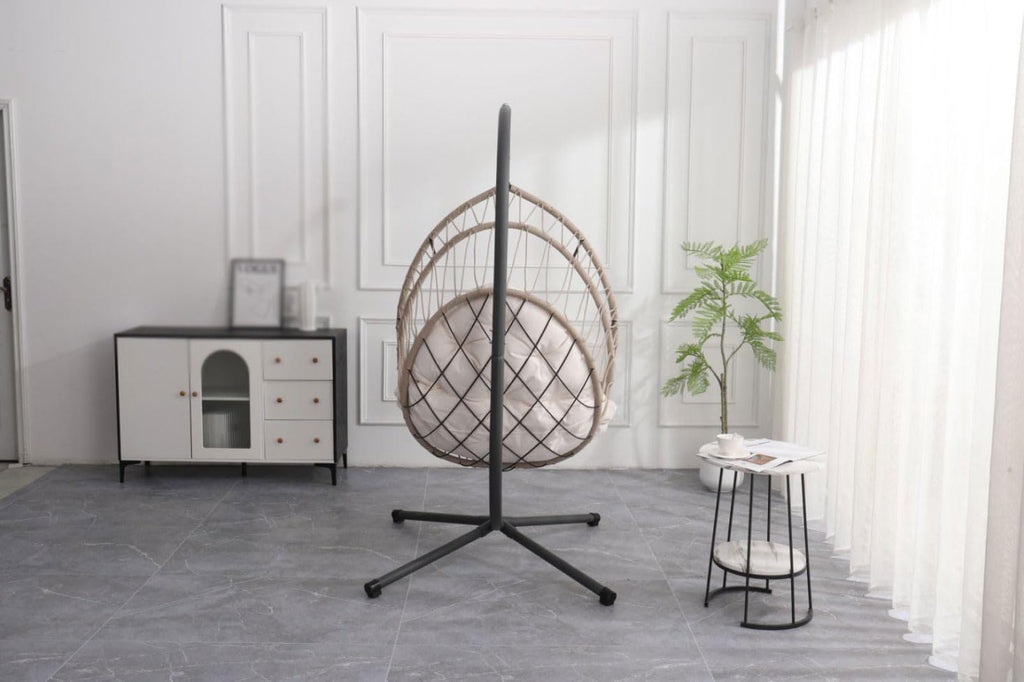 Outdoor Hanging Chair ，Swing Chair, Rocking Chair, Fabric，Metal Frame，Ergonomical ，with Stand, Patio， Indoor Outdoor ， Porch, Garden, Balcony