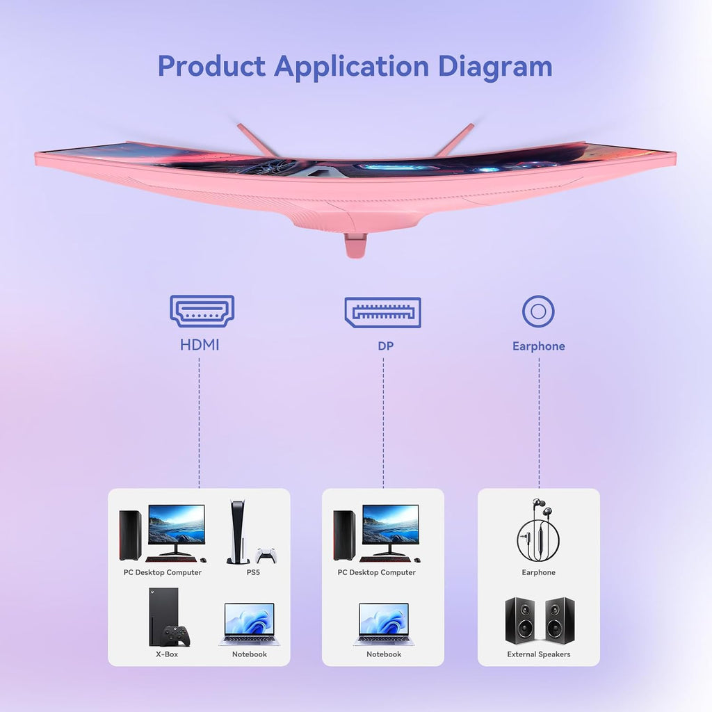 Raywego Pink 27 inch Curved Gaming Monitor 100Hz,FHD 1080P,1500R LED Display,Pink Computer Monitor,3ms (MPRT),FreeSync,Eye-Care Technology, DP, HDMI Port for Gaming Home Office,VESA(75mm×75mm)