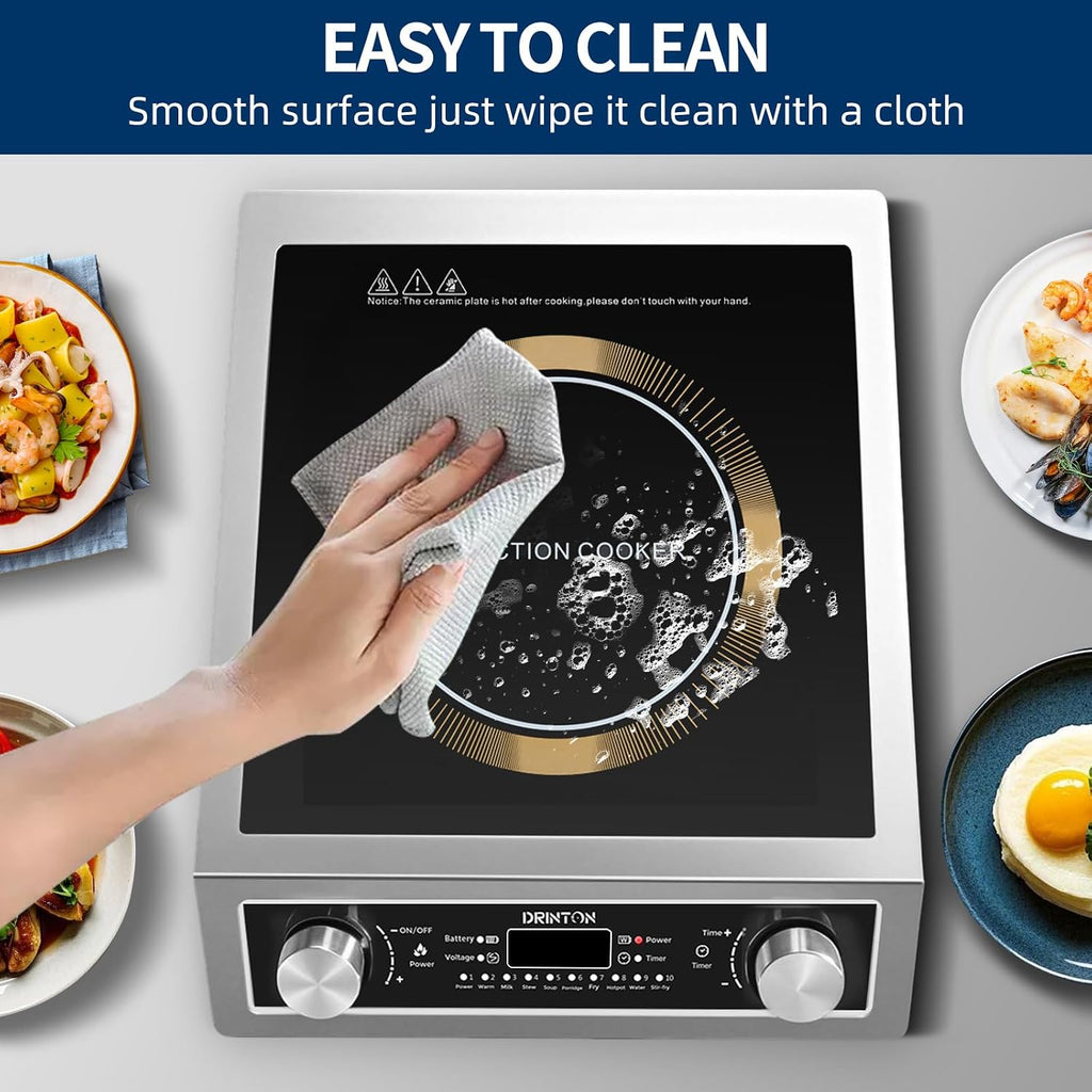 Induction Cooker, 2200W Commercial Induction Cooktop, Large Countertop Burner with 10 Cooking Functions & Dual IGBT for Safe Use, Portable Stainless Steel Hot Plate with 3 Hours Timer, 120V