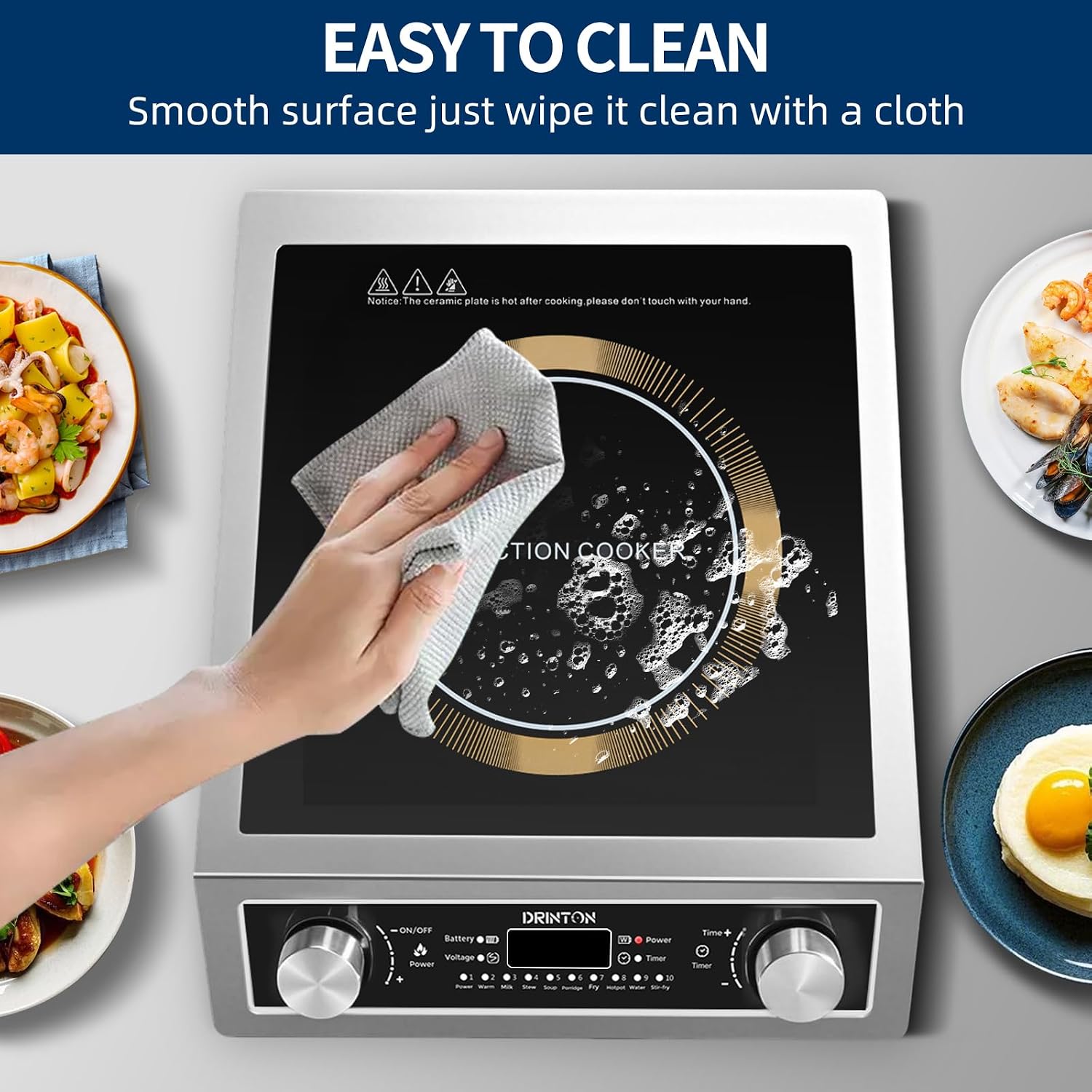 Induction Cooker, 2200W Commercial Induction Cooktop, Large Countertop Burner with 10 Cooking Functions & Dual IGBT for Safe Use, Portable Stainless Steel Hot Plate with 3 Hours Timer, 120V