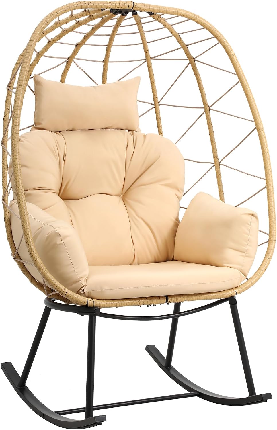 DWVO Wicker Rocking Egg Chair, Oversized Indoor Outdoor Rattan Rocking Chair, Indoor Outdoor Lounger for Patio, Backyard, Living Room, Beige