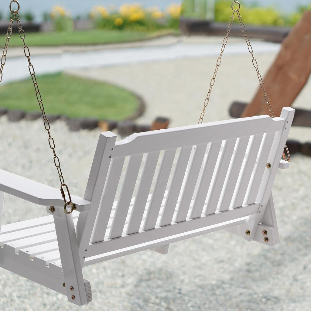 Anraja Wooden Porch Swing 2-Seater Bench Swing with Hanging Chains Heavy Duty 800 LBS for Outdoor Patio Garden Yard, Large 4 Ft, White