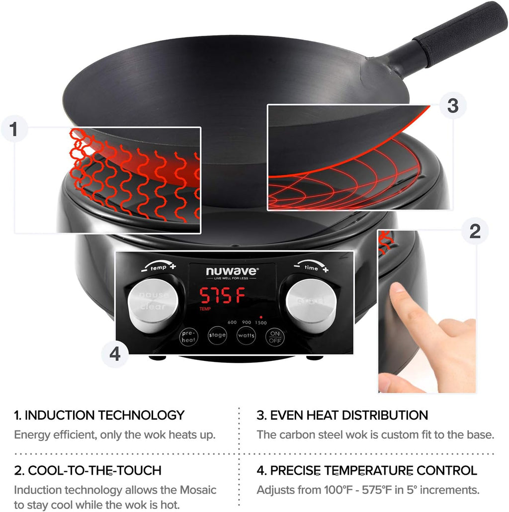 Nuwave Pro Chef Induction Cooktop, Commercial-Grade, Portable, Powerful 1800W, Large 8' Heating Coil & Mosaic Induction Wok, Precise Temp Controls from 100°F to 575°F in 5°F