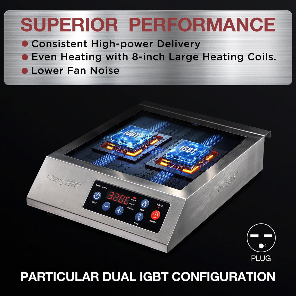 ChangBERT Portable Induction Cooktop 208-240V 3200W NSF Certified Commercial Range Countertop Burner Pro Chef Professional Hot Plate High Power Premium Stainless Steel Housing Schott Glass
