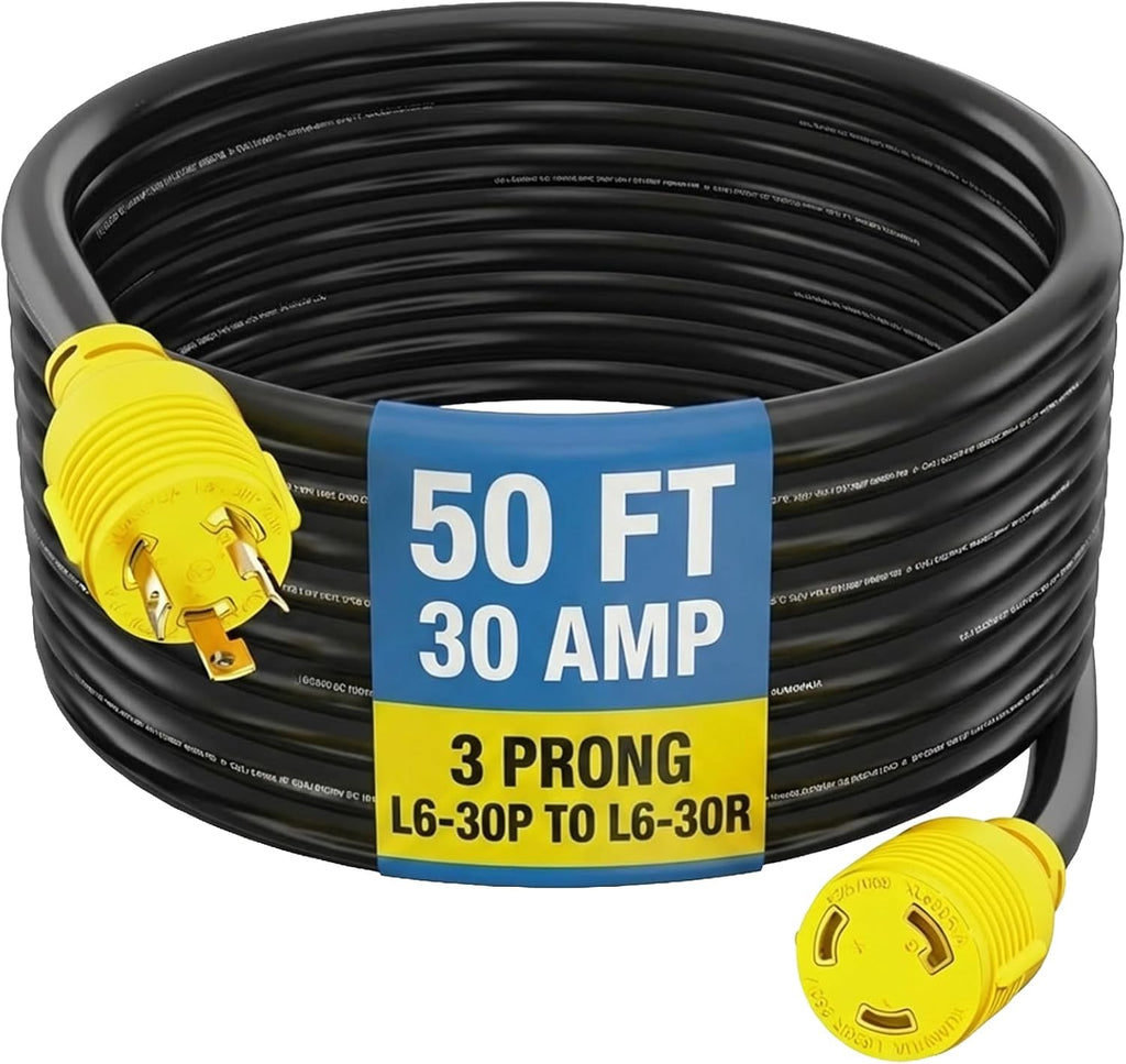 Houseables 30 Amp Generator Cord, L6-30 Extension Cord, L6-30R, L6-30P, 50 Feet, Generator Cable, 3 Prong, 250V Extension, 30amp, NEMA, Twist Lock, RV, Heavy Duty, 10 Gauge, 250 Volt, UL & ETL Listed