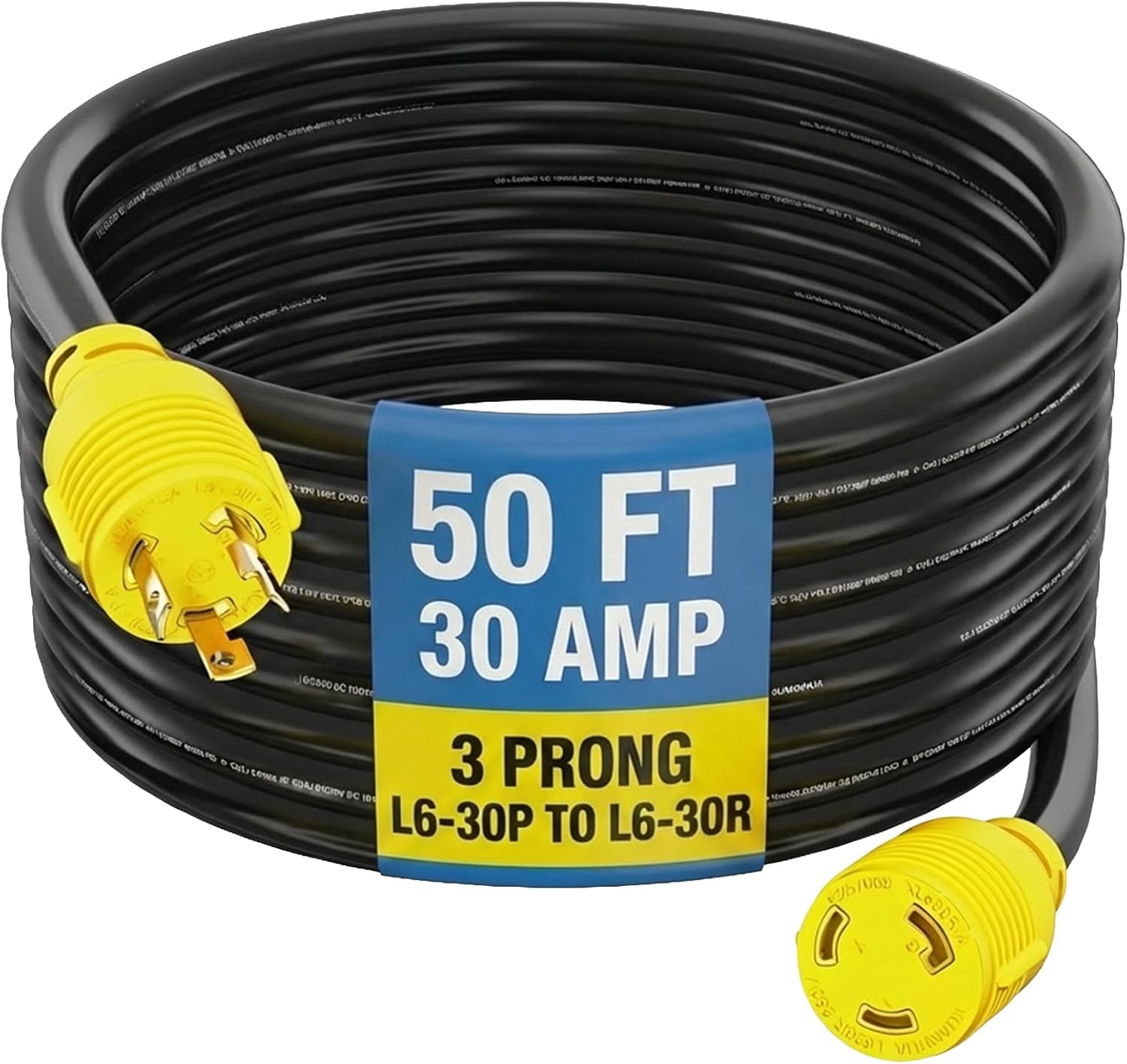 Houseables 30 Amp Generator Cord, L6-30 Extension Cord, L6-30R, L6-30P, 50 Feet, Generator Cable, 3 Prong, 250V Extension, 30amp, NEMA, Twist Lock, RV, Heavy Duty, 10 Gauge, 250 Volt, UL & ETL Listed