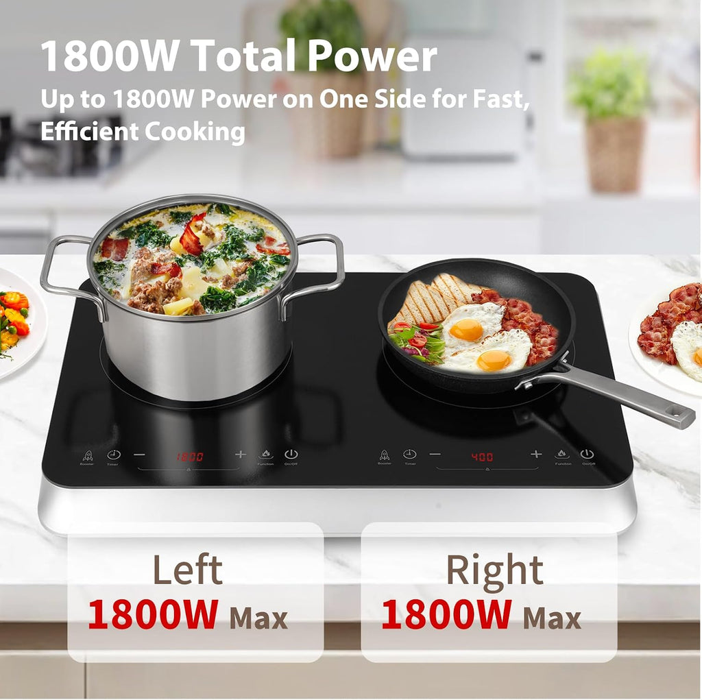 COOKTRON Double Induction Cooktop Burner with Fast Warm-Up Mode, 1800w 2 Burner with 10 Temperature 9 Power Settings, Portable Dual Induction Cooker Cooktop with Child Safety Lock & Time