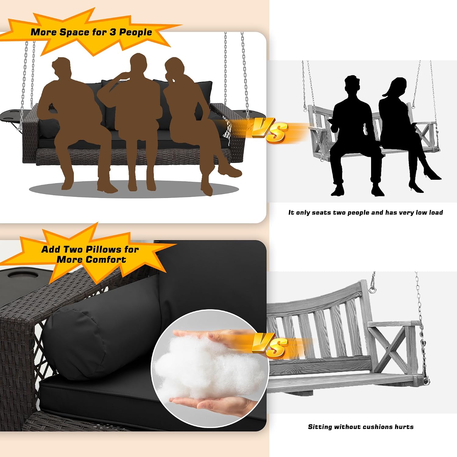 Grepatio 3 Person Porch Swing Patio Wicker Hanging Porch Swing Chair Outdoor Rattan Swing Bench with Cushion and Pillow for Garden, Yard, Lawn (Brown Rattan Black Cushion)