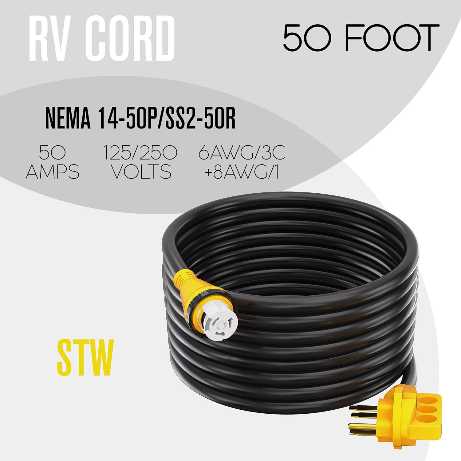 Houseables 50 Amp RV Extension Cord, 50 Amp Generator Cord, RV Cable, 50amp Generator Cable, 50a Shore Power, Twist & Lock, for Camper, 4 Prong, SS2-50R to 14-50P, STW, 125/250v, UL Listed, 50 Feet