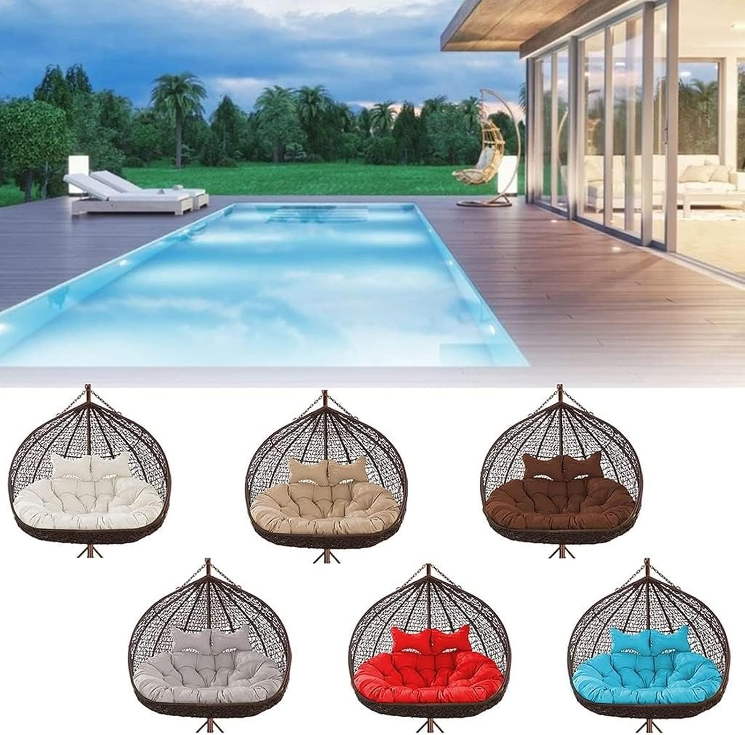 Generic Double Swing Chair Cushion Replacement, Large Egg Chair Cushion with Adjustable Pillow for Indoor Outdoor Garden Balcony Rocking Hanging Basket Rattan Chair Rest Seat Pad(G), Size