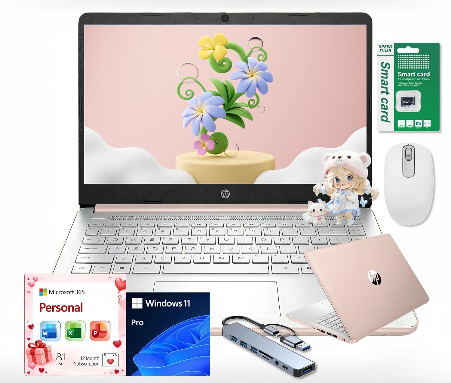 HP Ultra Thin 14' Laptop with Copilot, Intel N150, 16GB RAM, 384GB(128GB eMMC+256GB SD Card) • HUB • Mouse, Windows 11 Pro, 1-Year Office 365, Lightweight Rose Gold Notebook for Work & School