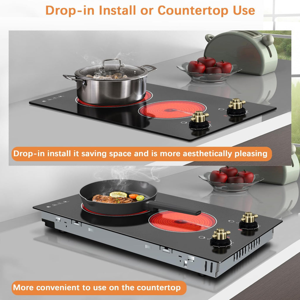 Karinear 110V Electric Cooktop 2 Burners Electric Stove 12 Inch Knob Control Countertop & Built-in Ceramic Cooktop, 9 Heating Level, Hot Warning, Over-Temperature Protection(Gold Knob)