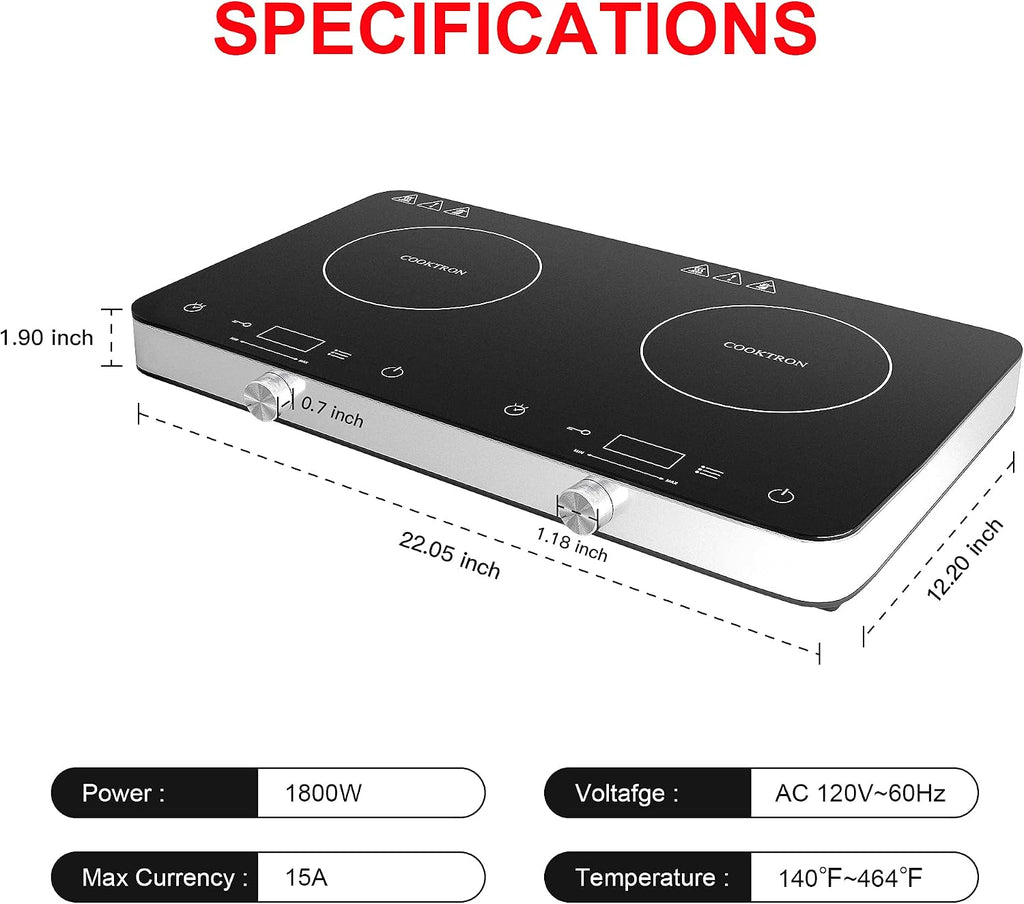 COOKTRON Double Induction Cooktop Burner, 1800w 2 burner Induction Cooker Cooktop, 10 Temperature 9 Power Settings Portable Electric Countertop Burner Touch Stove with Child Safety Lock & Timer