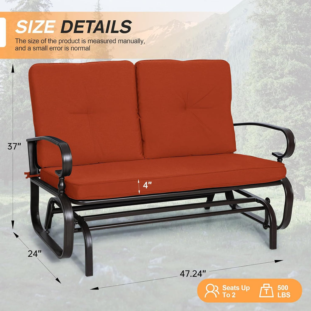 Incbruce Outdoor Glider Rocking Chair Patio Glider Bench for 2 Person, Porch Loveseat Seating Patio Steel Frame Chair Set with Cushion for Porch, Patio, Garden (Red)