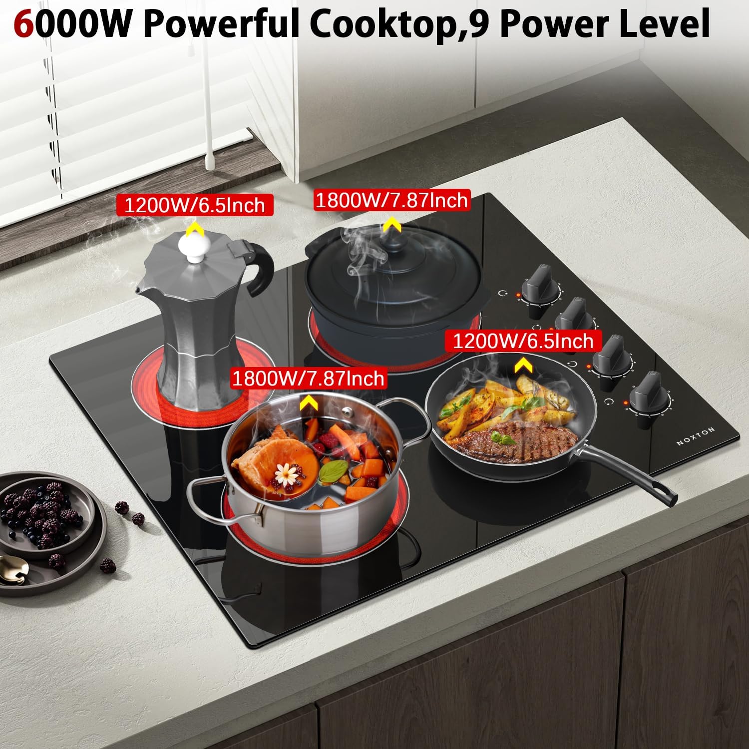 Noxton 24 Inch Electric Cooktop 4 Burners Electric Stove Top, Built-in 24' Radiant Ceramic Cooktop with Knob Control, Hot Surface Indicator, 220-240v,6000W, No Plug, Hard Wire