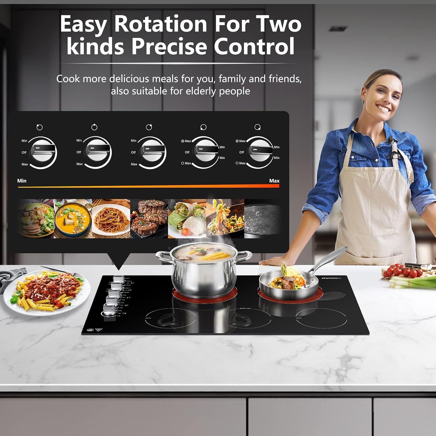 AMZCHEF Electric Cooktop 36 Inch,5 Burners Built-in Electric Stove Top,Max 8900W Ceramic Glass Countertop with Knob Control Max 3000W Double Zone,Safety Lock
