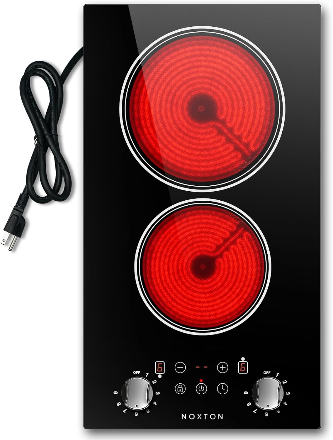 Noxton 2 Burners Electric Cooktop, 12 Inch 110V Radiant Ceramic Stove with Knob & Touch Control, 2000W Built-in or Countertop Electric Hot Plate, Timer, Child Lock, Residual Heat Indicator(YS)