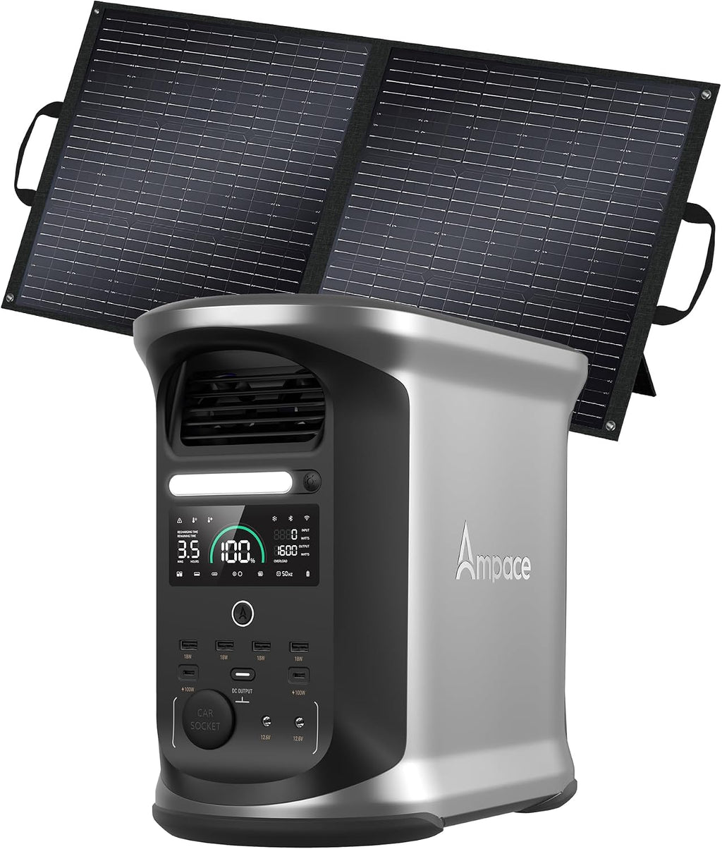 AMPACE Andes 1500 Power Station with 100W Solar Panel, 2400W/1462Wh Solar Generator with 4 AC Outlets, 1H Full Charging, APP Control Emergency Power Station for Home, Camping & RVs
