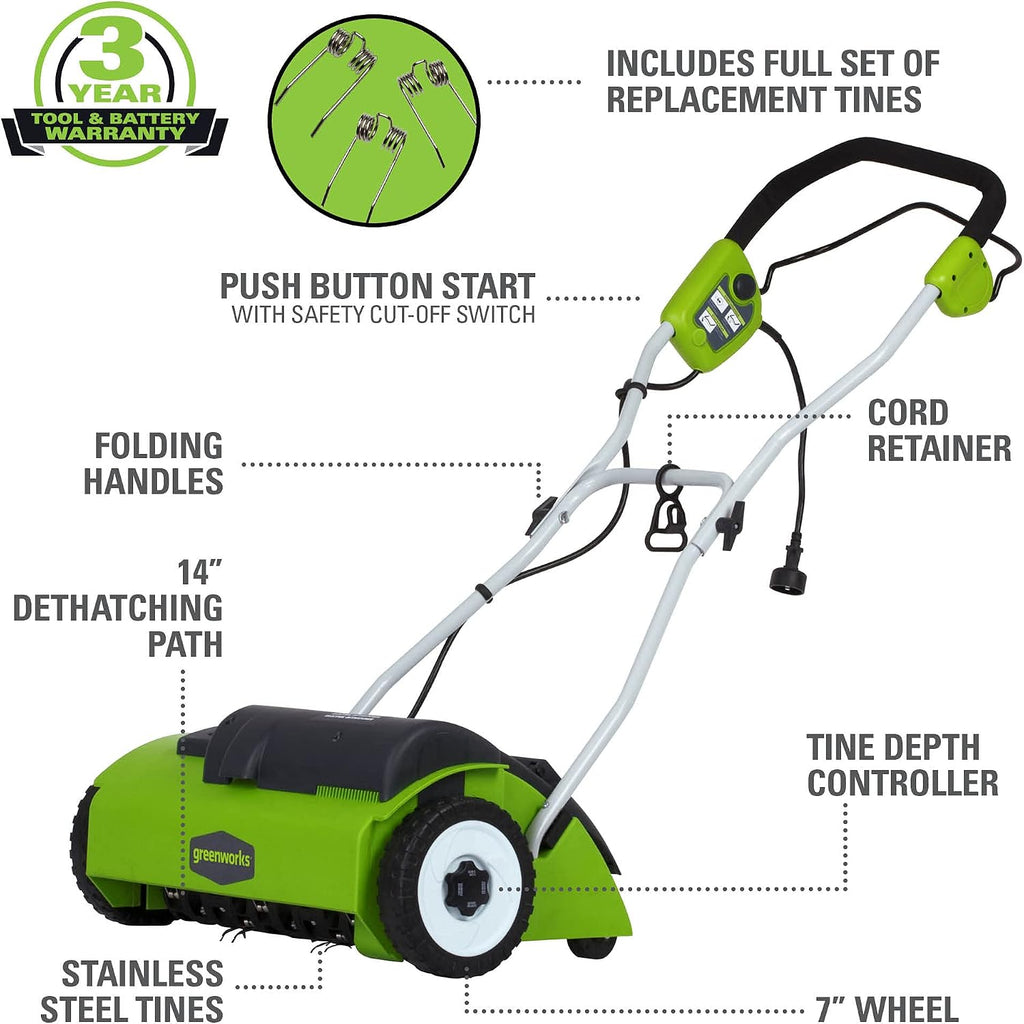 Greenworks 10 Amp 14' Corded Electric Dethatcher (Stainless Steel Tines)