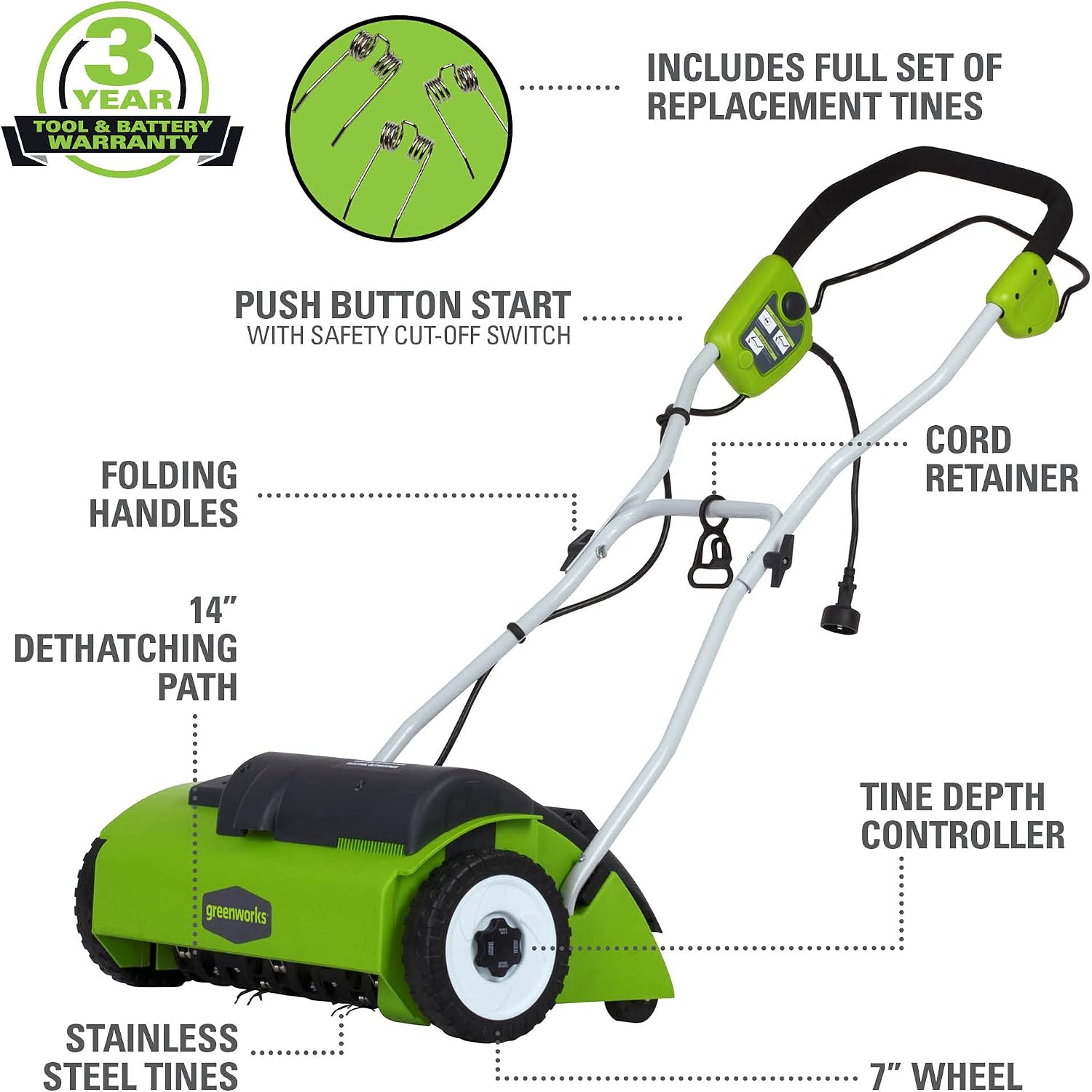 Greenworks 10 Amp 14' Corded Electric Dethatcher (Stainless Steel Tines)