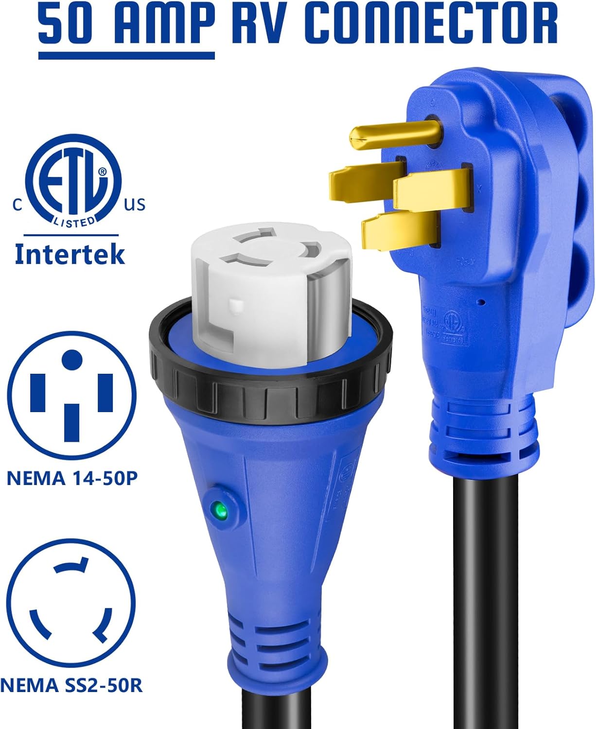 50 Amp 30FT RV Extension Cord, ETL Listed Heavy Duty Copper NEMA 14-50P to SS2-50R Power Cord with Twist Lock and Polarity Indicator