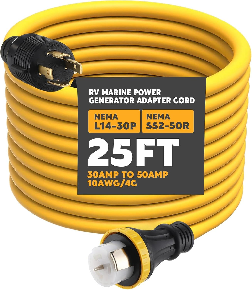 Tellegloww 25FT NEMA L14-30P to SS2-50R RV Marine Power Generator Adapter Cord, 30A 4 Prong Locking Generator L14-30P Male to 50A Marine Shore Power SS2-50R Female with Locking Ring 125V/250V