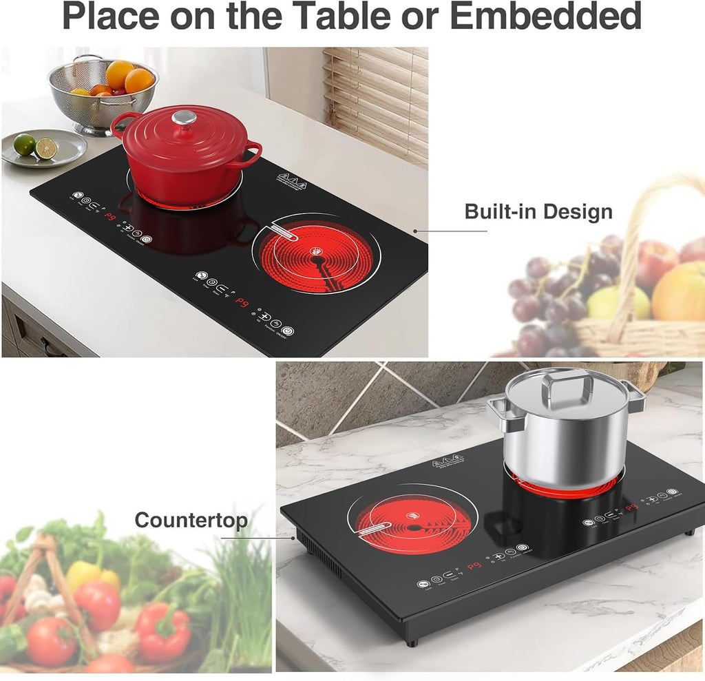 VBGK 2 Burner Electric Cooktop,110V 2400W Electric Stove Top with Touch Control,9 Heating Level,Timer & Kid Safety 2 burner cooktop.