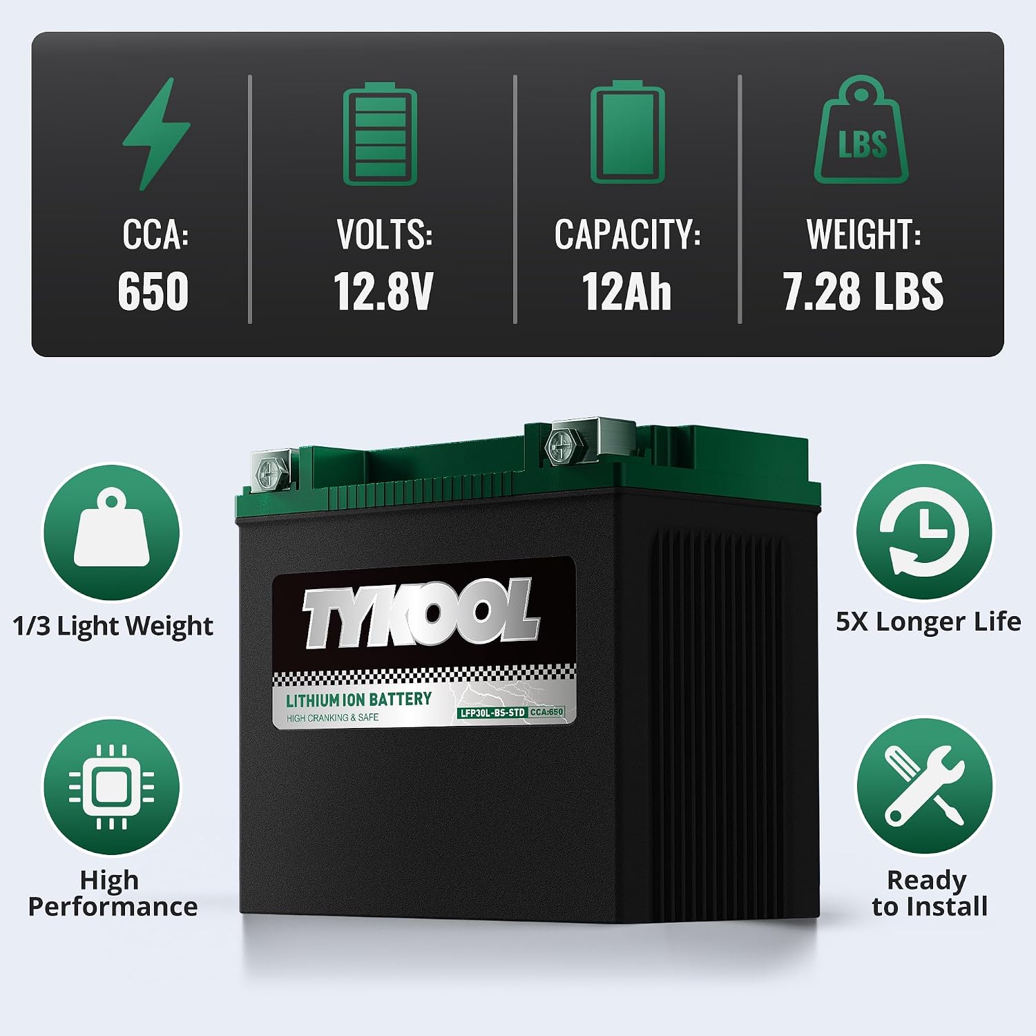 TYKOOL LFP30L-BS-STD 12V Lithium Battery, Replaces YTX30L-BS, 650CCA Fits for ATV UTV Motorcycle PWC, Compatible with Benelli 900cc Polaris Ranger 500 700 800 Sea-Doo GTX GTI, Digital Readout [- +]