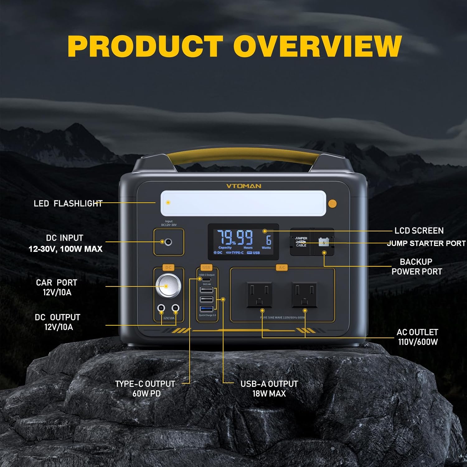 VTOMAN Jump 600X Portable Power Station with 200W Solar Panel, 299Wh Solar Generator with 600W AC Outlets (Surge 1200W) for Outdoor Camping, Vehicle Emergency, Electric Backup, RV, Power Outages