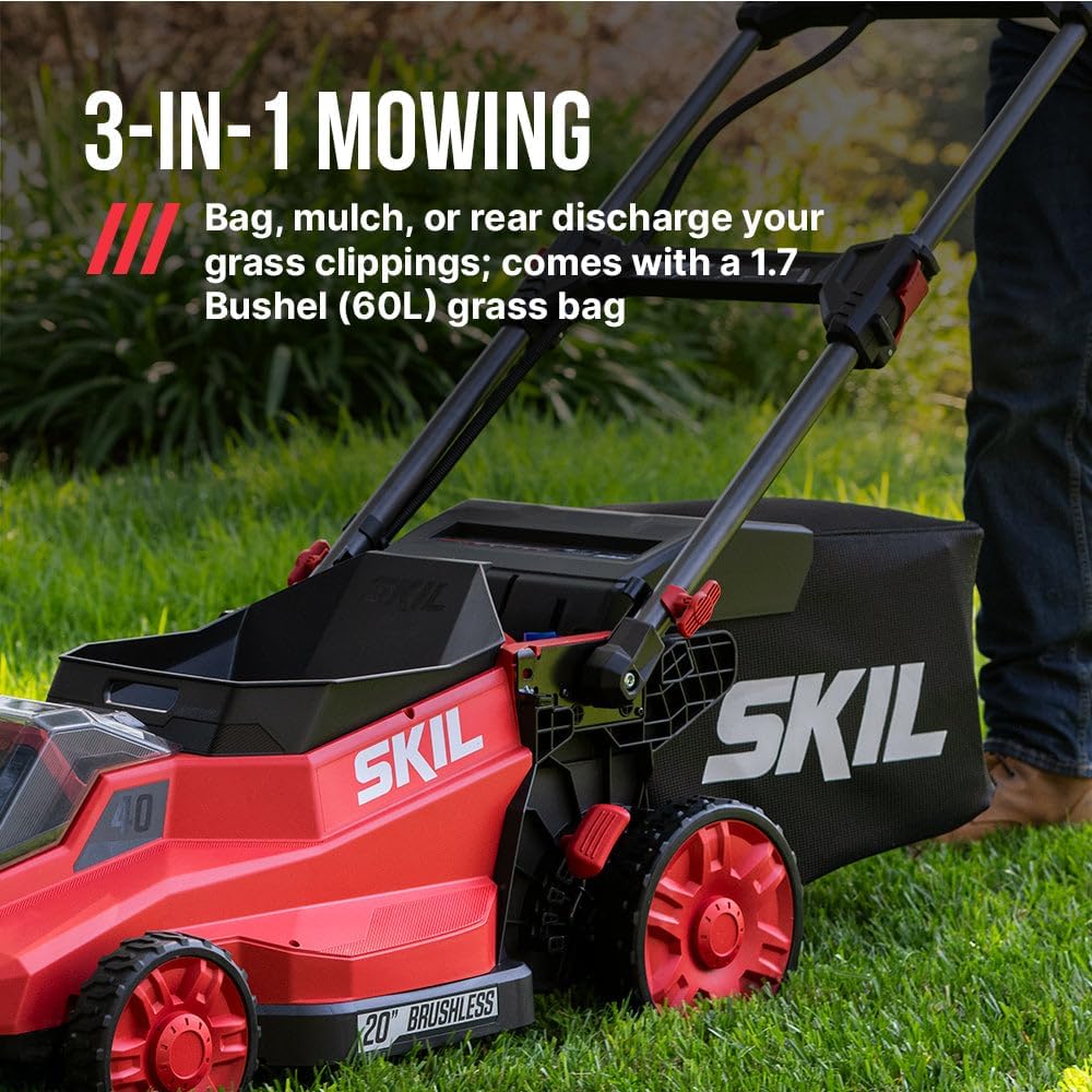 SKIL PWR CORE 40 Brushless 40V 20-Inch Push Mower Kit with Smart Caddy, Includes 6.0Ah & 4.0Ah Batteries and 150W Charger - PM2010C-24