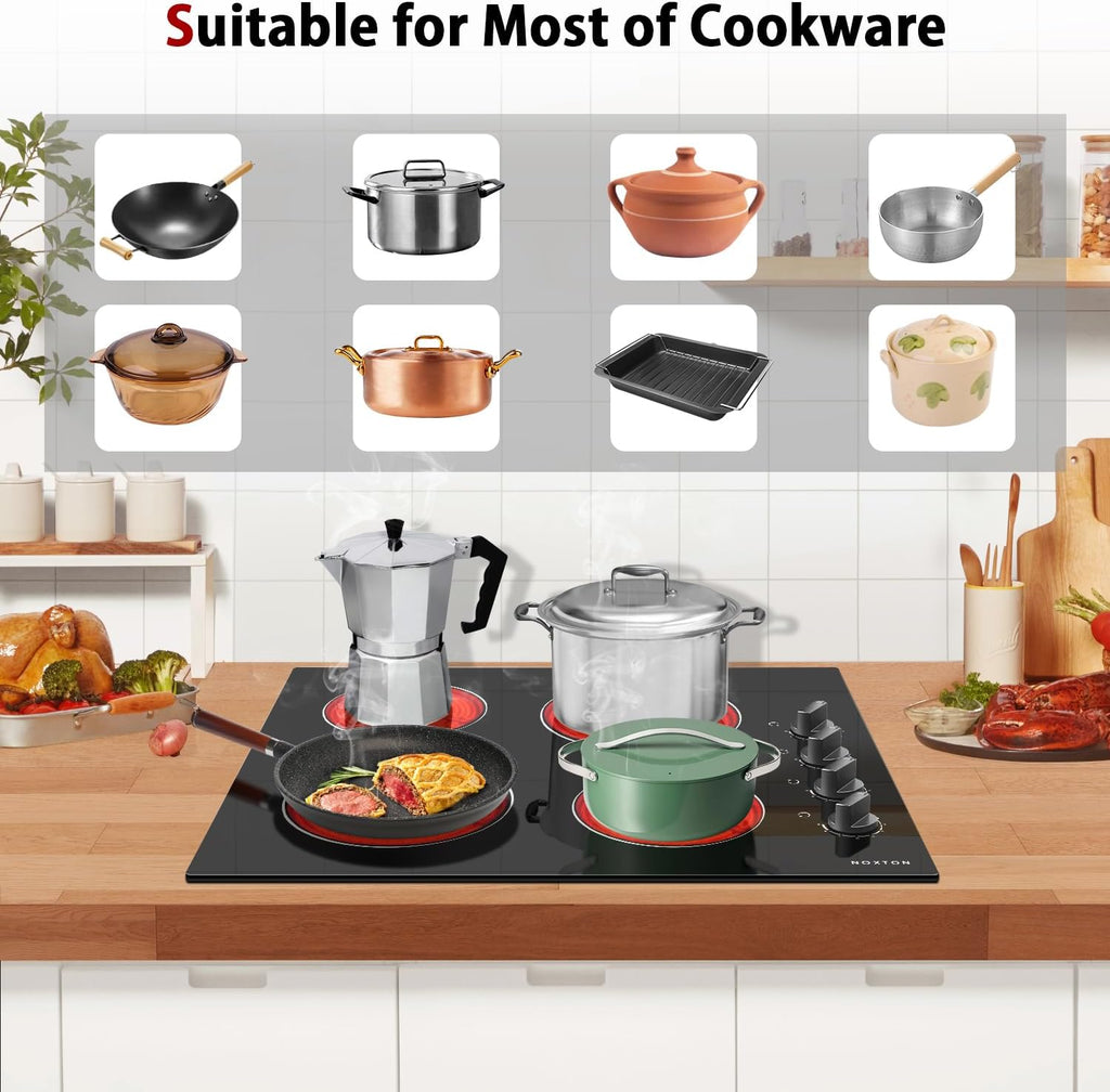 Noxton 24 Inch Electric Cooktop 4 Burners Electric Stove Top, Built-in 24' Radiant Ceramic Cooktop with Knob Control, Hot Surface Indicator, 220-240v,6000W, No Plug, Hard Wire