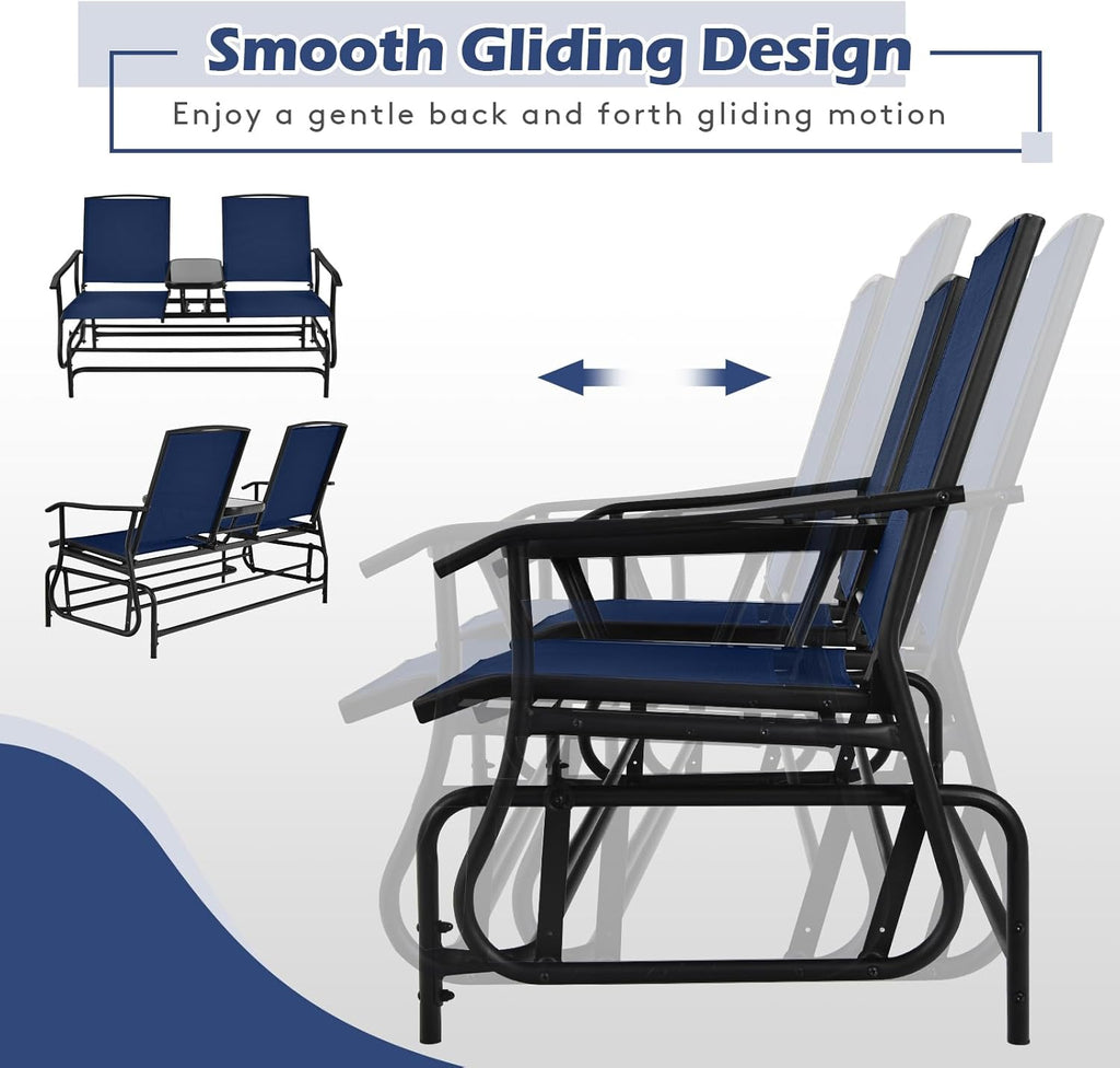 Tangkula 2 Person Swing Glider Chair, Patio Rocking Loveseat w/Center Tempered Glass Table, Outdoor Swing Bench w/Steel Frame & Breathable Mesh Fabric for Porch, Balcony, Poolside (Navy)