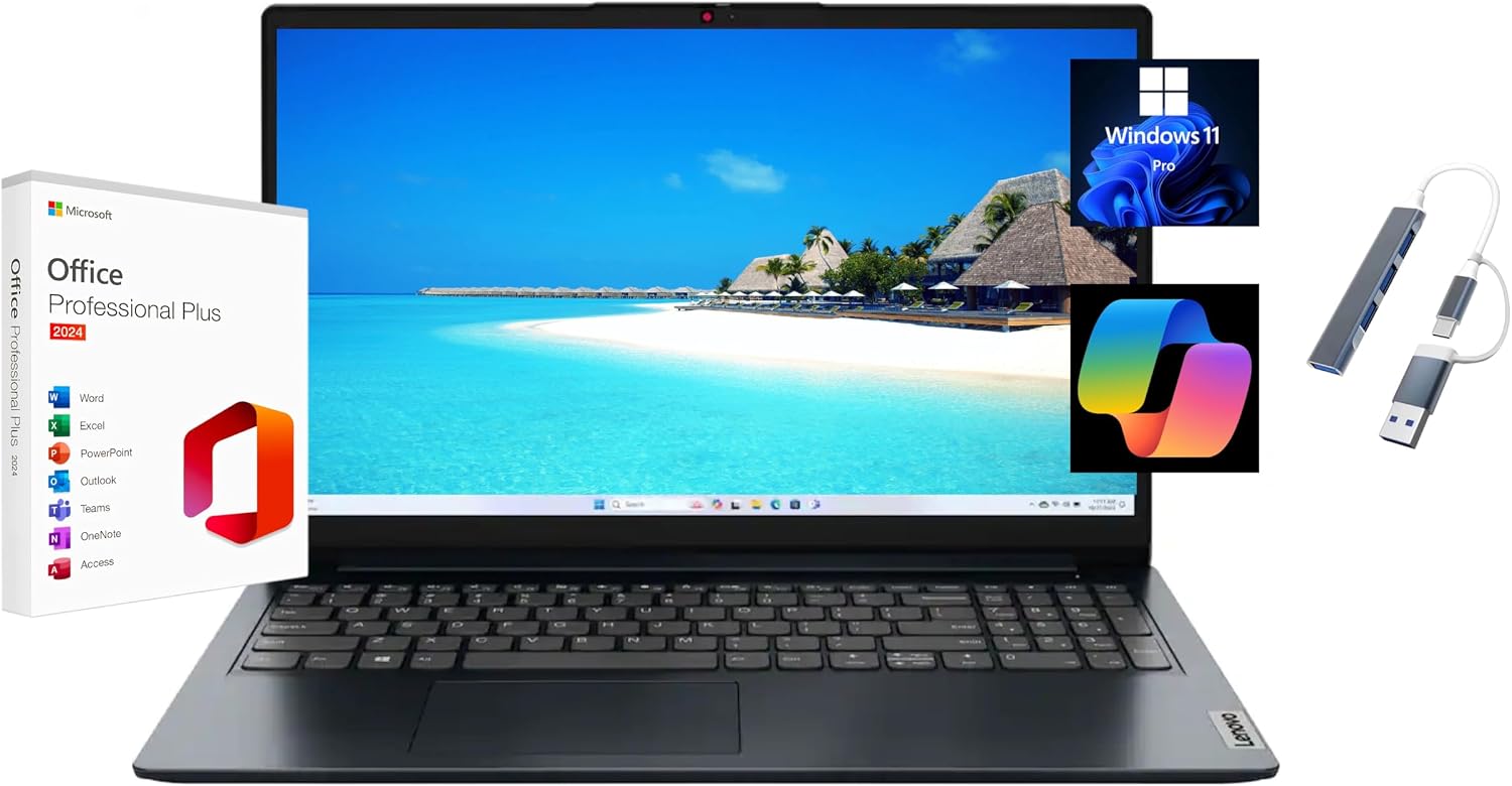 Lenovo Ideapad 1 15.6' FHD Laptop, with Free Lifetime Microsoft Office 2024, AMD Ryzen 5 7520U, 8GB RAM, 1TB SSD, Windows 11 Pro, Abyss Blue, with USB Hub