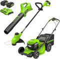 Greenworks 48V (24V x 2) 21' Brushless Self-Propelled Mower+12' String Trimmer+320CFM Blower,(2) 5.0Ah Batteries and 4A Dual Port Charger
