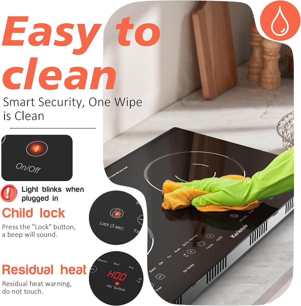 2 Burner Electric Cooktop 110v, 2000W Electric Stove Top Countertop & Built-in, Plug-in Electrics Cooktop 24 Inch, 8 Power Levels & 8 Functions, Touch Control, Safety Lock, Timer, Karienvir